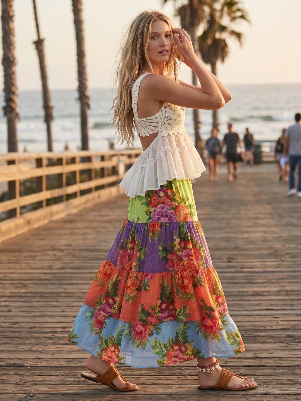 Farm Rio Tropical Floral Patchwork Tiered Floral Maxi Skirt Size Large Bohemian - Picture 3 of 13